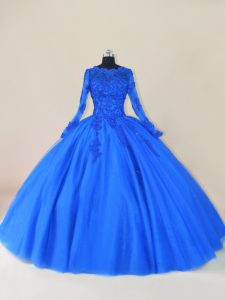 Royal Blue Long Sleeves Tulle Zipper Quince Ball Gowns for Sweet 16 and Quinceanera