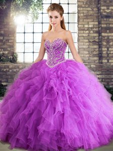 Tulle Sweetheart Sleeveless Lace Up Beading and Ruffles Ball Gown Prom Dress in Lavender