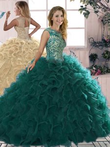 Scoop Sleeveless Organza Quince Ball Gowns Beading and Ruffles Lace Up