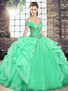Designer Organza Off The Shoulder Sleeveless Lace Up Beading and Ruffles Quince Ball Gowns in Apple Green