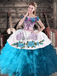Off The Shoulder Sleeveless Lace Up Sweet 16 Dresses Teal Organza
