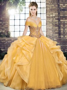 Fashionable Floor Length Gold Quinceanera Dresses Organza Sleeveless Beading and Ruffles