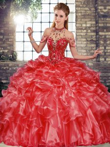 Superior Coral Red Organza Lace Up Halter Top Sleeveless Floor Length 15 Quinceanera Dress Beading and Ruffles