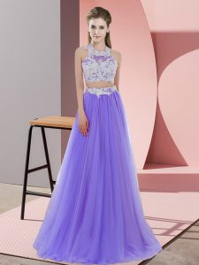 Suitable Halter Top Sleeveless Dama Dress for Quinceanera Floor Length Lace Lavender Tulle