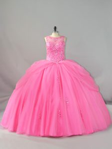 Sleeveless Brush Train Lace Up Beading and Appliques Quinceanera Gowns