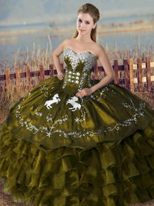 Olive Green Sleeveless Floor Length Embroidery and Ruffles Lace Up Quinceanera Gowns