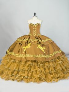 Satin and Organza Sweetheart Sleeveless Brush Train Lace Up Embroidery and Ruffled Layers Sweet 16 Dress in Brown