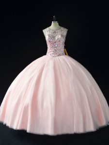 Fine Scoop Sleeveless Tulle 15th Birthday Dress Beading Lace Up