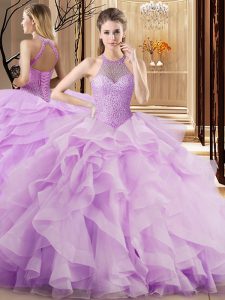 Edgy Lilac Ball Gowns Organza Halter Top Sleeveless Beading and Ruffles Lace Up Vestidos de Quinceanera Brush Train