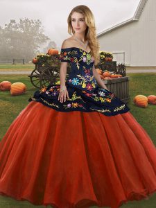 Sleeveless Floor Length Embroidery Lace Up 15 Quinceanera Dress with Rust Red