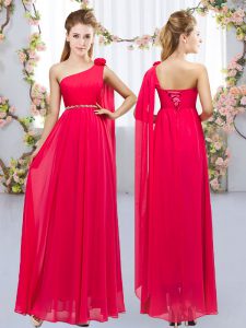 Adorable Red Sleeveless Beading and Hand Made Flower Floor Length Dama Dress