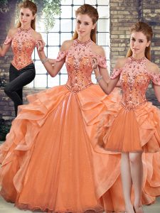 Floor Length Orange Quinceanera Dresses Halter Top Sleeveless Lace Up