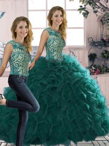 Peacock Green Sleeveless Floor Length Beading and Ruffles Lace Up Sweet 16 Dresses