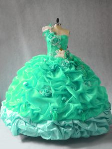 Fancy Sleeveless Organza Floor Length Lace Up Quince Ball Gowns in Turquoise with Pick Ups and Hand Made Flower