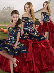 Red And Black Lace Up Off The Shoulder Embroidery and Ruffles Quinceanera Gowns Organza Sleeveless