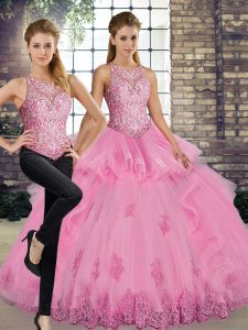 Discount Rose Pink Lace Up Quinceanera Gowns Lace and Embroidery and Ruffles Sleeveless Floor Length