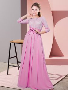 Floor Length Rose Pink Quinceanera Dama Dress Scoop 3 4 Length Sleeve Side Zipper