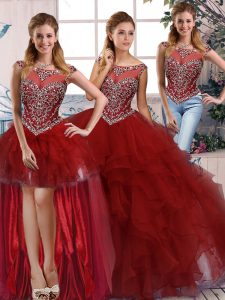 Amazing Floor Length Zipper Quinceanera Dress Burgundy for Military Ball and Sweet 16 and Quinceanera with Beading and Ruffles