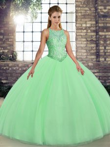 Most Popular Sleeveless Tulle Floor Length Lace Up Sweet 16 Dress in Green with Embroidery