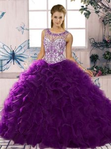 Fashionable Scoop Sleeveless Ball Gown Prom Dress Floor Length Beading and Ruffles Purple Organza
