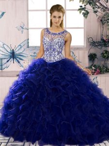 Sleeveless Organza Floor Length Lace Up Quinceanera Gown in Purple with Beading and Ruffles