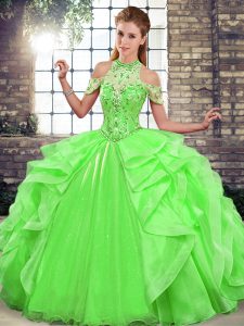 Halter Top Sleeveless Lace Up Sweet 16 Dress Green Organza