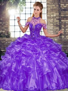 Hot Sale Floor Length Lace Up Quinceanera Gown Purple for Military Ball and Sweet 16 and Quinceanera with Beading and Ruffles