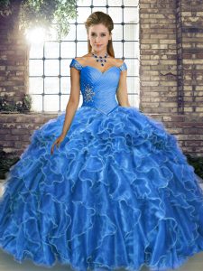 Blue Lace Up Off The Shoulder Beading and Ruffles 15th Birthday Dress Organza Sleeveless Brush Train