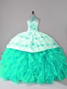 Turquoise Lace Up Halter Top Embroidery and Ruffles Sweet 16 Quinceanera Dress Organza Sleeveless Court Train