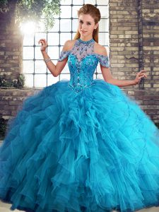 Superior Halter Top Sleeveless Tulle Quince Ball Gowns Beading and Ruffles Lace Up