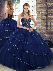 Navy Blue Tulle Lace Up Quince Ball Gowns Sleeveless Brush Train Beading and Ruffled Layers
