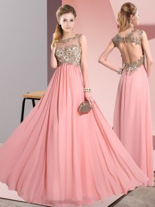 Sweet Pink Empire Scoop Sleeveless Chiffon Floor Length Backless Beading and Appliques Quinceanera Court Dresses