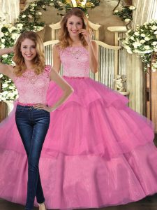 Hot Pink Two Pieces Tulle Scoop Sleeveless Lace and Ruffled Layers Floor Length Lace Up Sweet 16 Quinceanera Dress