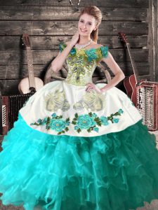Floor Length Lace Up Sweet 16 Quinceanera Dress Aqua Blue for Sweet 16 and Quinceanera with Embroidery