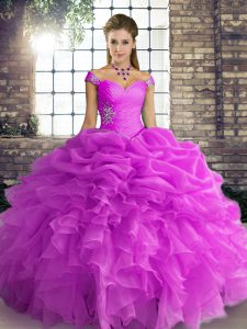Fancy Lilac Off The Shoulder Neckline Beading and Ruffles and Pick Ups Quinceanera Gowns Sleeveless Lace Up