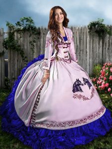 Admirable Blue And White Ball Gowns Embroidery and Ruffles Quinceanera Dresses Lace Up Satin Sleeveless Floor Length