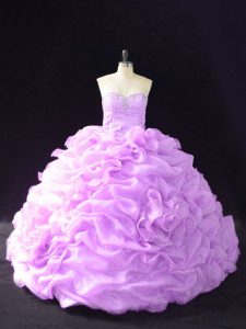 Affordable Lace Up 15 Quinceanera Dress Lilac for Sweet 16 and Quinceanera with Beading and Pick Ups and Hand Made Flower Court Train