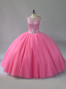 Enchanting Pink Ball Gowns Scoop Sleeveless Lace Up Beading Quince Ball Gowns