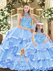 Great Lace Up Sweet 16 Dresses Blue for Military Ball and Sweet 16 and Quinceanera with Embroidery and Ruffled Layers