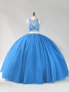 Great Floor Length Blue Quinceanera Gowns Tulle Sleeveless Beading