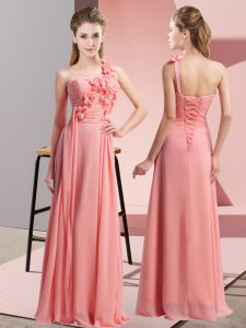 Fashionable One Shoulder Sleeveless Court Dresses for Sweet 16 Floor Length Hand Made Flower Watermelon Red Chiffon