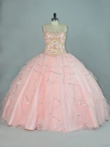 Peach Tulle Lace Up Straps Sleeveless Floor Length Sweet 16 Quinceanera Dress Beading and Ruffles