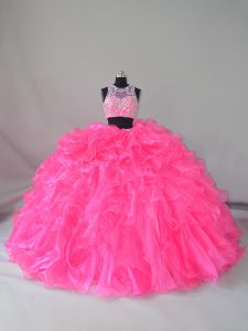 Luxurious Hot Pink Sleeveless Organza Court Train Zipper 15 Quinceanera Dress for Sweet 16 and Quinceanera