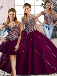 Free and Easy Purple Lace Up Sweet 16 Dresses Beading Cap Sleeves Brush Train
