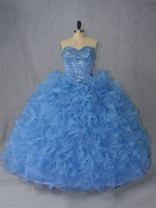Sexy Blue Sweetheart Neckline Beading and Ruffles Sweet 16 Dress Sleeveless Lace Up