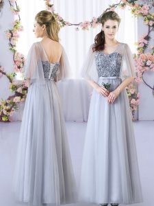 Sleeveless Floor Length Appliques Lace Up Quinceanera Court Dresses with Grey