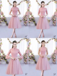 Modern Lace Dama Dress for Quinceanera Pink Zipper Cap Sleeves Tea Length