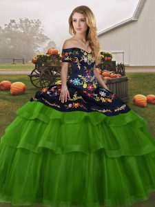 Dramatic Green Sleeveless Tulle Brush Train Lace Up Quinceanera Dress for Military Ball and Sweet 16 and Quinceanera