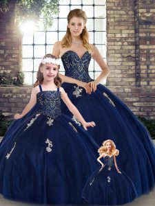 Floor Length Navy Blue Quinceanera Gowns Tulle Sleeveless Beading and Appliques