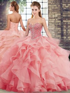 Dynamic Lace Up Quinceanera Gowns Watermelon Red for Military Ball and Sweet 16 and Quinceanera with Beading and Ruffles Brush Train